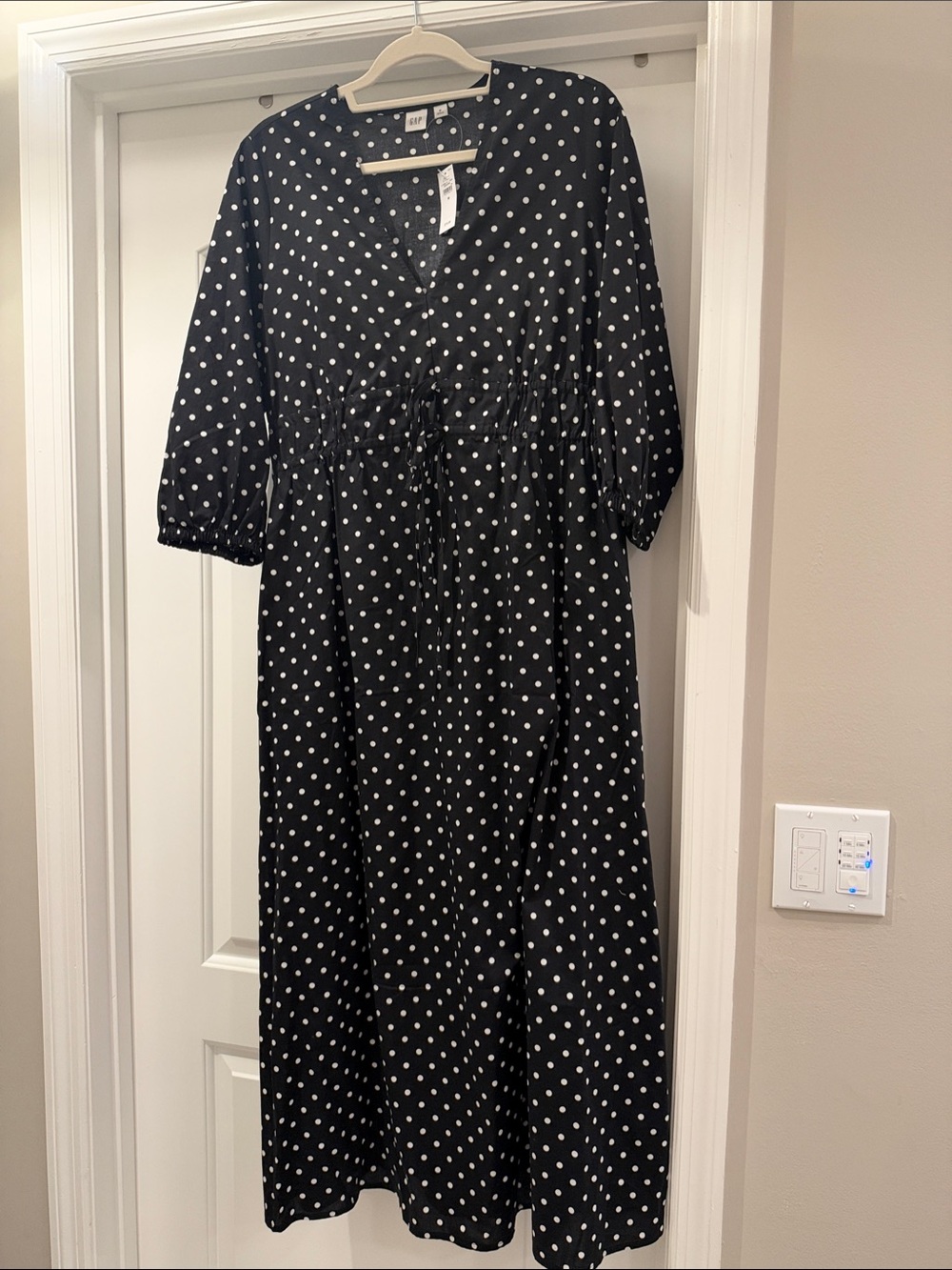 Gap Black Polka Dot Maxi Dress with Drawstring Waist NWT